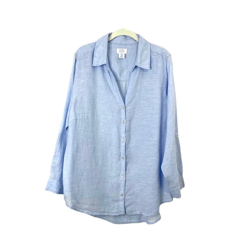 Sigrid Olsen 100% linen button up tunic top shirt Size 1X baby‎ blue